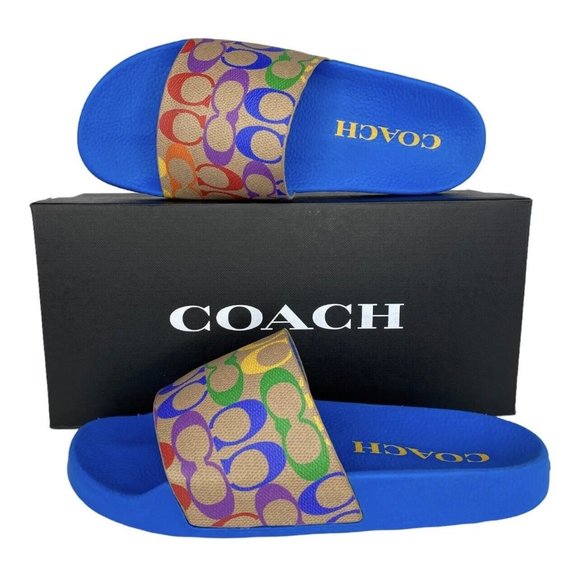 COACH Men's Signature Rainbow Logo Pride LGBTQIA Slides Sandals Size 9 New NIB - Picture 1 of 6
